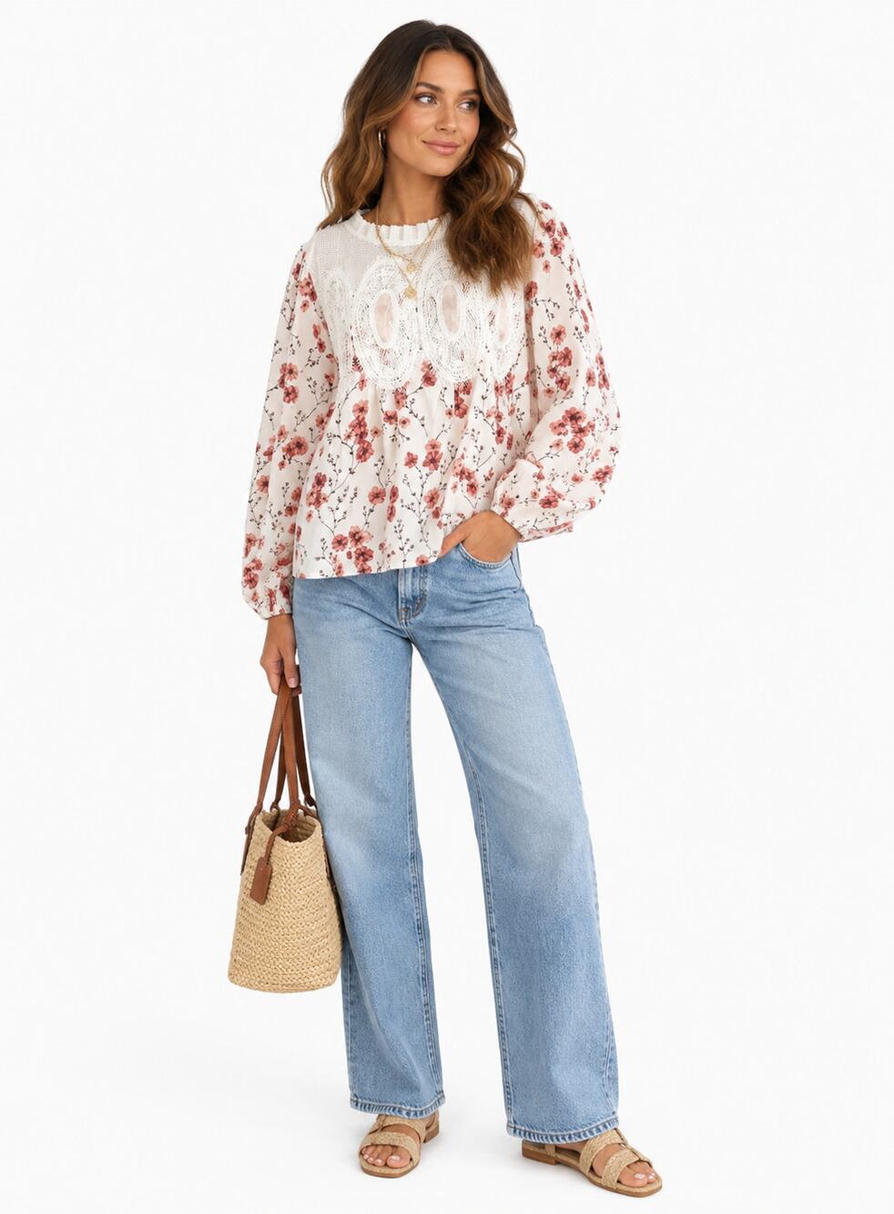 Floral Lace Peplum Blouse NWT L Cottagecore Boho Romantic Long Sleeve Top